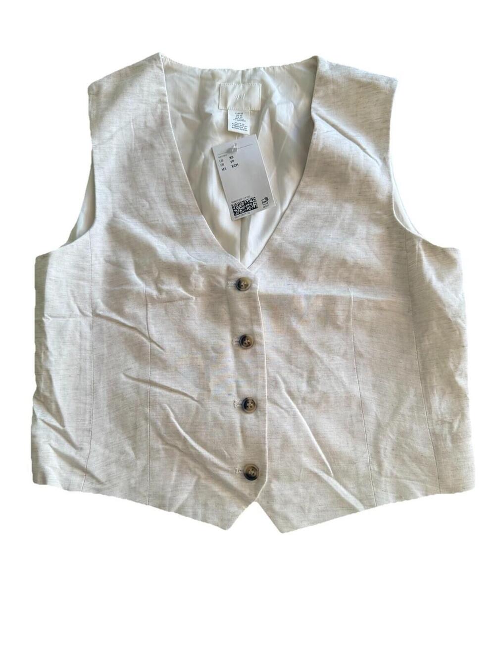 H & M Linen Blend Beige Vest Button Front V Neck XS New With Tags